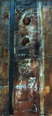 Mischtechnik auf Holz; Titel: Bild Nr. 2 aus dem Zyklus: Guanchen, 160x90
